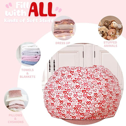 Wekapo Stuffed Animal Storage Bean Bag Chair Cover for Kids | Stuffable Zipper Beanbag for Organizing Children Plush Toys Large Premium Cotton Canvas (Heart, X-Large)