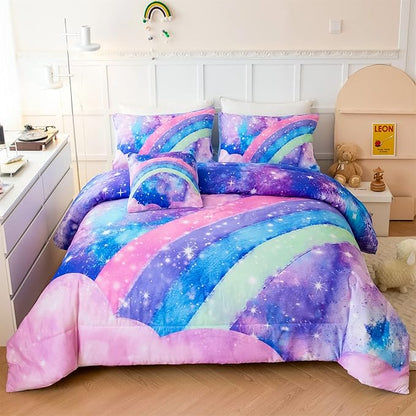 Rainbow Nebula Teen Bedding Comforter Set for Girls, Gradient Glitter Bedding Set Full Size, 3D Tie Dye Blue Comforter Bedding Sets, 6Pcs Bed in A Bag for All Season