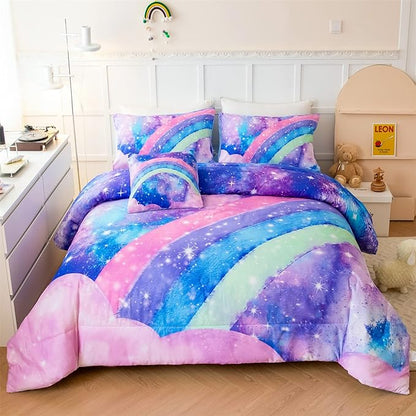 Tie Dye Blue Teens Comforter Set Queen for Girls, 3D Rainbow Gradient Glitter Bed in A Bag, 6 Pieces Twinkle Nebula Comforter Kids Bedding Set for All Season