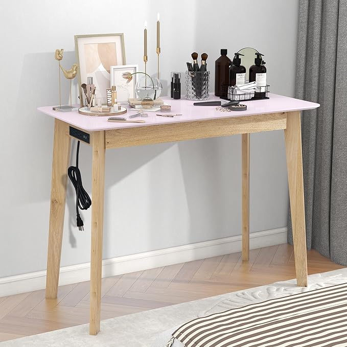 TaoHFE Pink Vanity Table with Rubber Wood Legs Small Spaces Girl Vanity Desk Glossy Pink 39 Inch Makeup Desk with USB Dressing Table No Mirror Computer Desk for Home Modern Vanity Desk for Bedroom
