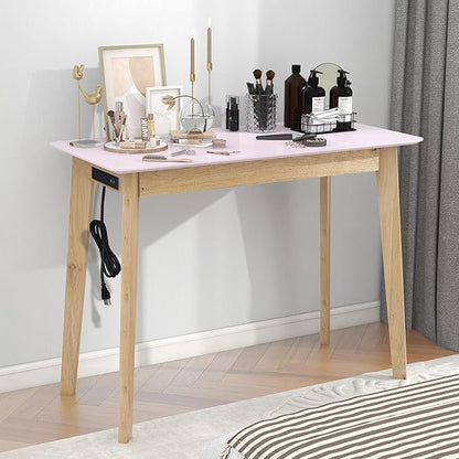 TaoHFE Pink Vanity Table with Rubber Wood Legs Small Spaces Girl Vanity Desk Glossy Pink 39 Inch Makeup Desk with USB Dressing Table No Mirror Computer Desk for Home Modern Vanity Desk for Bedroom