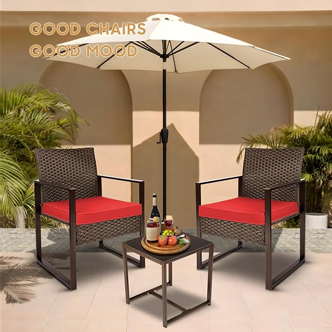 YIYAN 3 Pieces Outdoor Furniture Set Patio Rattan Wicker Chairs & teatable,Lawn Garden Balcony Backyard,with Washable Cushion (Red)