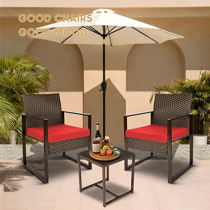 YIYAN 3 Pieces Outdoor Furniture Set Patio Rattan Wicker Chairs & teatable,Lawn Garden Balcony Backyard,with Washable Cushion (Red)