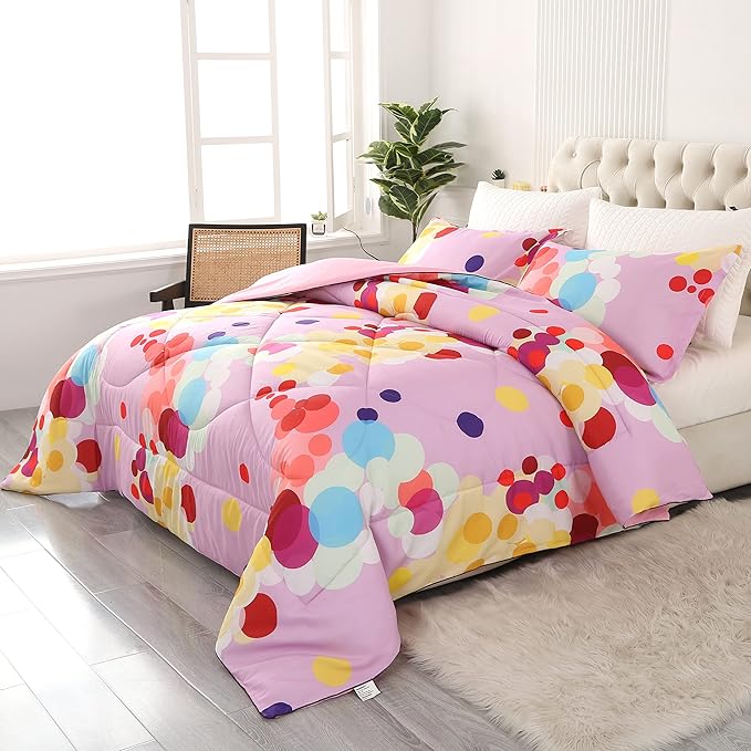 ENCOFT Pink Twin Comforter Set for Girls 3 Piece Colorful Bubbles Bedding Set Color Comfortable and Breathable for Teens and Adults All season with 1 Comforter and 2 Pillowcases