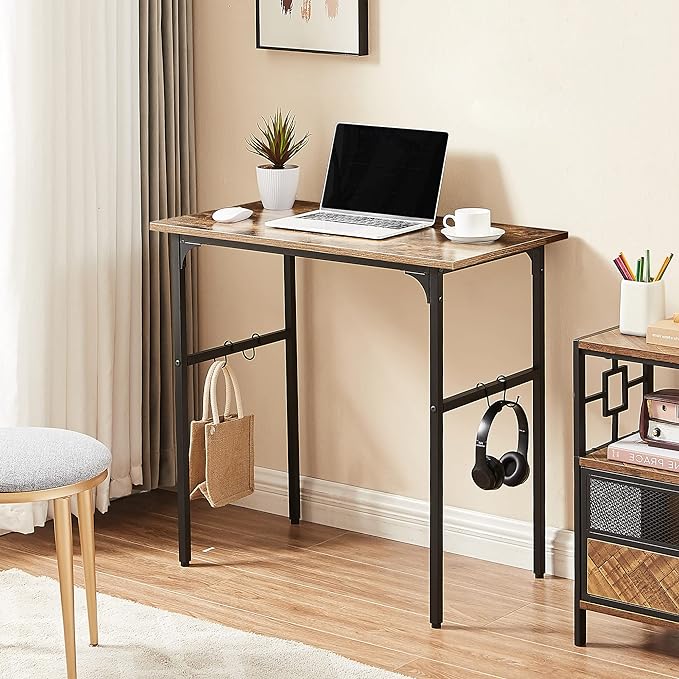 VECELO 32" Computer Writing Desk for Home Office, Study Table Workstation for Small Spaces with 4 Hooks & Adjustable Legs, Metal Frame,Brown, 32Inches