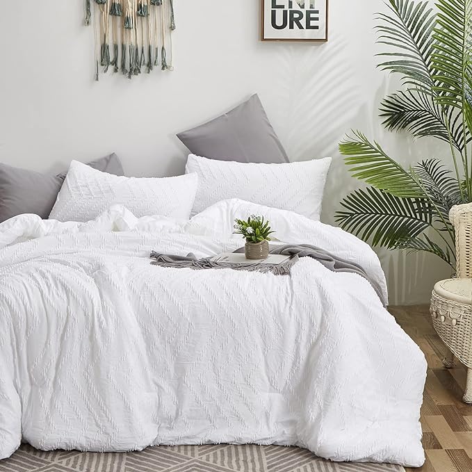 Wellboo White Tufted Jacquard Boho Comforter Set King Size White Bedding Set Shabby Chic All Season Bed Quilt Women Men White Farmhouse Embroidery Blanket Soft Adult Broken Line Wave Geometry Bed