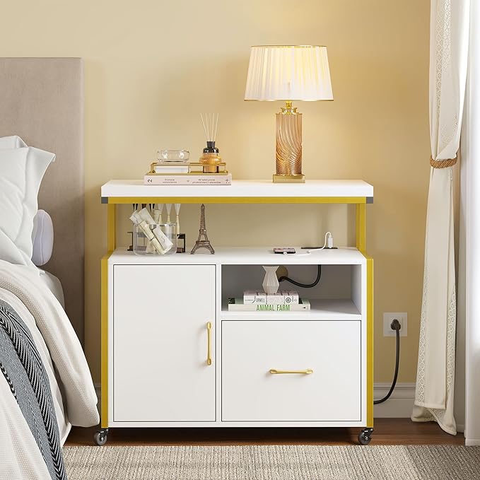 YITAHOME Wood File Cabinet with Charging Station, Rolling Filing Cabinet Cart with Door, Industrial Nightstand with Printer Shelf for Home Office, Bedroom, Living Room, Entryway, Gold and White