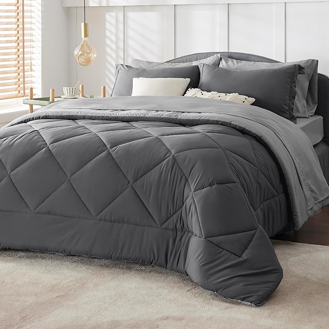 Bedsure Dark Grey Full Size Comforter Set - 7 Pieces Reversible Full Bed in a Bag, Full Bed Set Dark Grey with Comforters, Sheets, Pillowcases & Shams