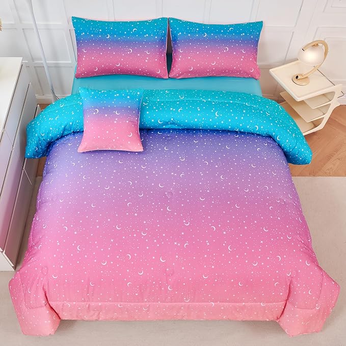 URBONUR 6 Pieces Full Size Comforter Set for Girls Moon Star Printed Bedding Set Gradient Pink Purple Blue, Soft Microfiber All Season Kids Bed Sets (Full Size, 6PCS)