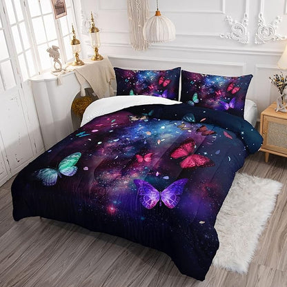 Butterfly Comforter Set for Girls Women,Colorful Butterflies in Space Galaxy Printed Black Bedding Set with 2 Pillowcases(Butterfly Galaxy Twin)