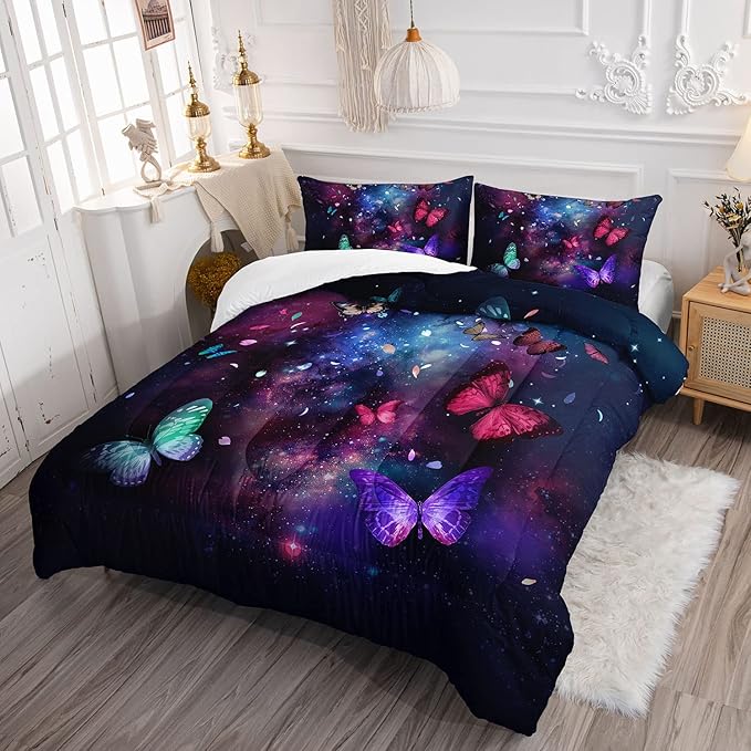 Datura home Butterfly Comforter Set for Girls Women,Colorful Butterflies in Space Galaxy Printed Black Bedding Set with 2 Pillowcases(Butterfly Galaxy Queen)