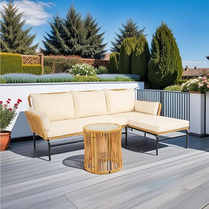 3-Piece Outdoor PE Rattan Furniture Set, Patio Wicker Conversation Loveseat Sofa Sectional Couch with Thick Cushion for Backyard, Deck, Poolside, Zn-Light Yellow