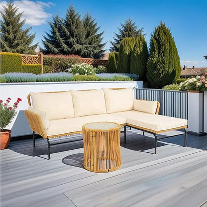 3-Piece Outdoor PE Rattan Furniture Set, Patio Wicker Conversation Loveseat Sofa Sectional Couch with Thick Cushion for Backyard, Deck, Poolside, Zn-Light Yellow
