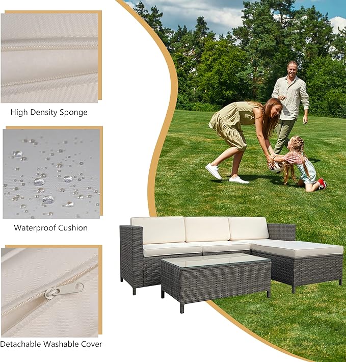 5 Piece Outdoor Patio Sectional Furniture Set, Weather Resistant Rattan Outside Couch, Waterproof Conversation Sofa for Balcony, Porch, Backyard, Deck, Garden,Beige