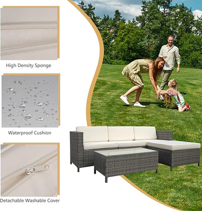 5 Piece Outdoor Patio Sectional Furniture Set, Weather Resistant Rattan Outside Couch, Waterproof Conversation Sofa for Balcony, Porch, Backyard, Deck, Garden,Beige