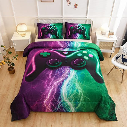 Meeting Story Gamer Comforter Sets for Boys Queen Size Tie Dye Lightnings Gamepad Bedding Set Games Console Action Buttons Novelty Colorful Modern Room Decor Home Quilt Set (Queen, Green-Purple)
