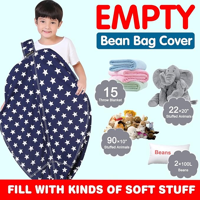 Lukeight Stuffed Animal Storage Bean Bag Chair Cover for Kids, Zipper Beanbag Chair Cover for Organizing Toddler & Kids' Rooms Plush Toys (Stars Navy, X-Large)