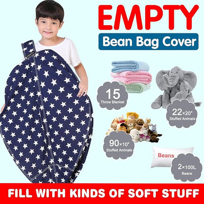 Lukeight Stuffed Animal Storage Bean Bag Chair Cover for Kids, Zipper Beanbag Chair Cover for Organizing Toddler & Kids' Rooms Plush Toys (Stars Navy, X-Large)
