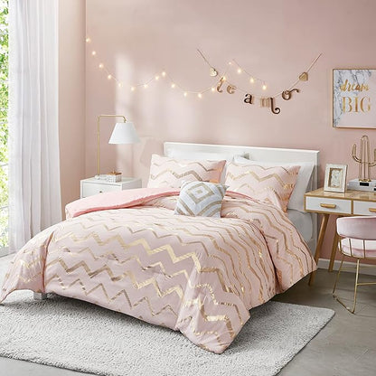 Codi King Size Bedding Sets Pink - Metallic Print Blush Comforter Set - 4 Piece includes 1 Rose Gold Comforter, 1 Decorative Pillow, 2 Pillow Cases - All Seasons Warm