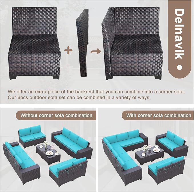 Patio Furniture Set Sofa 12-Pieces Wicker Sectional Sofa Set, Outdoor Furniture Rattan Patio Conversation Set with Thickened Cushions and Glass Coffee Table, Blue