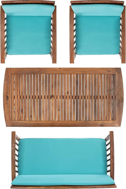 SAFAVIEH Outdoor Collection Rocklin Natural/ Aqua Cushion 4-Piece Conversation Patio Set
