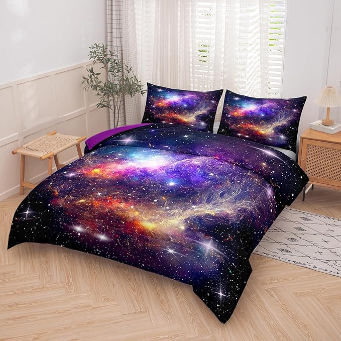 Tailor Shop Galaxy Comforter Space Kids Bedding Set King Size, Purple Comforter for Girls with 2 Pillowcase