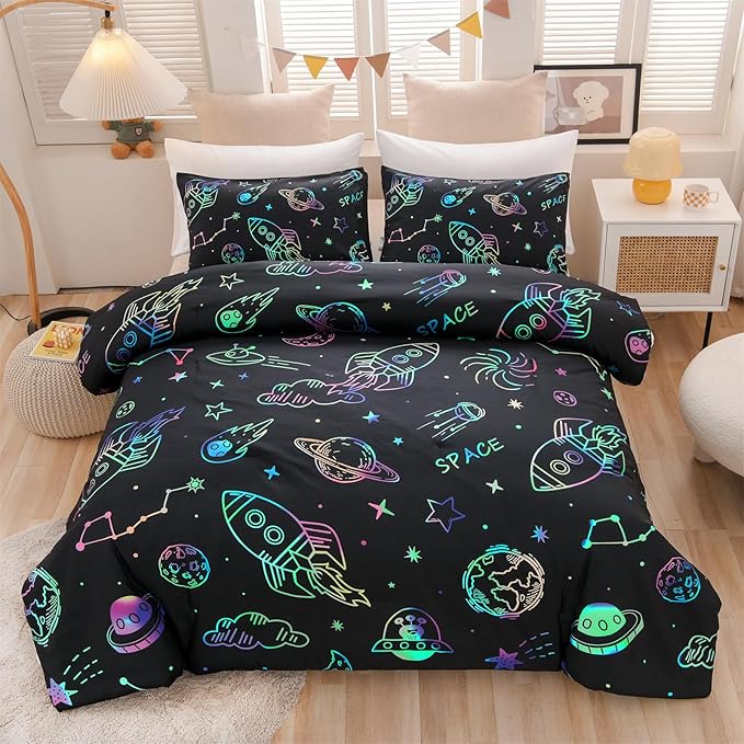 Aimuan Space Rocket Bedding Set Kid Comforter Set Full Size Super Soft & Cute Aliens UFO Printed Quilt Set for Teen Boys Girls (Black, Full)