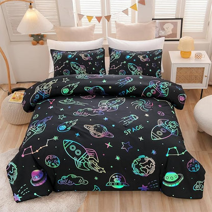 Aimuan Space Rocket Bedding Set Kid Comforter Set Full Size Super Soft & Cute Aliens UFO Printed Quilt Set for Teen Boys Girls (Black, Full)