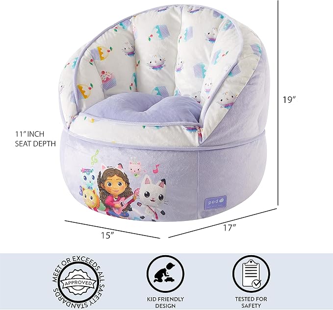 Idea Nuova Gabbys Dollhouse Purple Round Bean Bag Chair for Kids, Ages 3+, Large