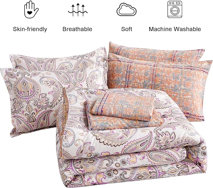 Yiran 7 Pieces Paisley Comforter Set Bed in a Bag Boho Floral Comforter Soft Microfiber Paisley Bedding Set Queen Size 90"×90"(1 Comforter,2 Pillowcases,2 Pillow Shams,1 Flat Sheet,1 Fitted Sheet)