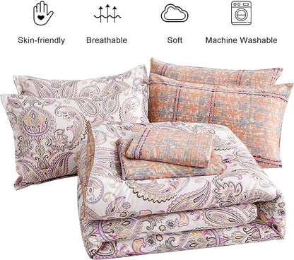 Yiran 7 Pieces Paisley Comforter Set Bed in a Bag Boho Floral Comforter Soft Microfiber Paisley Bedding Set Queen Size 90"×90"(1 Comforter,2 Pillowcases,2 Pillow Shams,1 Flat Sheet,1 Fitted Sheet)