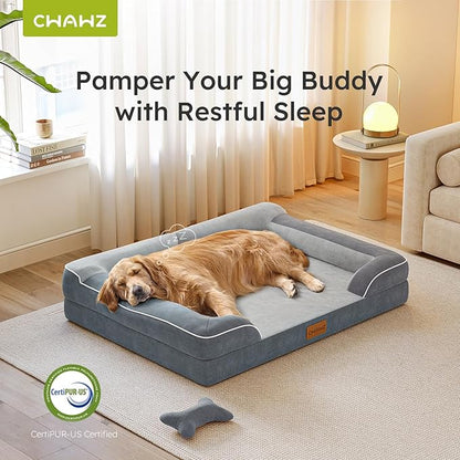 Jumbo Orthopedic Dog Bed for Extra Large Dogs With Cooling Gel Memory Foam, Waterproof Removable Washable Cover, 45" Sofa Couch Dutch Velvet With Bone Toy, Dark Gray