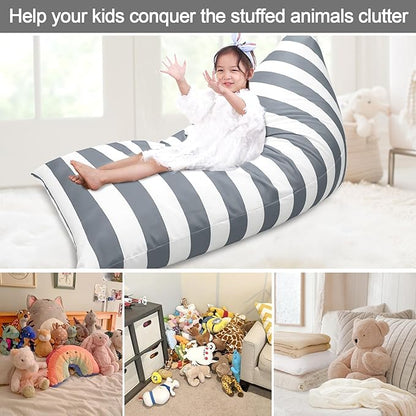 Jorbest Bean Bag Stuffed Animal Storage, Luxury Velvet Bean Bag Covers Only without Filling, Stuffed Animal Bean Bag Storage, Bean Bag Chair for Adults and Kids, (Stripe White Gray, 200L/52 Gal)