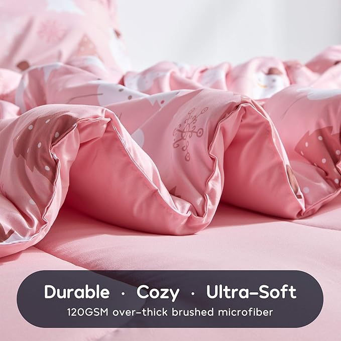 SLEEP ZONE Kids Twin Bedding Comforter Set - Super Cute & Soft Kids Bedding 5 Pieces Set with Comforter, Sheet, Pillowcase & Sham (Pink Snowman)