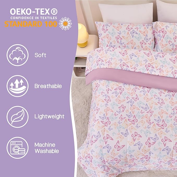 Butterfly Kids Comforter Set for Girls Full Size, Cute Reversible Quilted Lavender Printed Bedding Set with Pillow Sham, Lightweight Soft Breathable Machine Washable Bed Set 3 Piece
