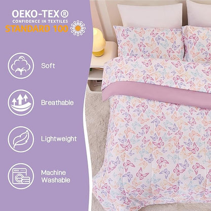 Butterfly Kids Comforter Set for Girls Full Size, Cute Reversible Quilted Lavender Printed Bedding Set with Pillow Sham, Lightweight Soft Breathable Machine Washable Bed Set 3 Piece