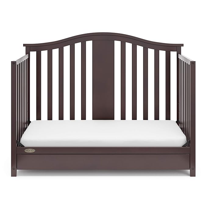 Graco Solano 4-in-1 Convertible Crib with Drawer (Espresso) – GREENGUARD Gold Certified, Crib with Drawer Combo, Includes Full-Size Nursery Storage Drawer, Converts to Toddler Bed and Full-Size Bed