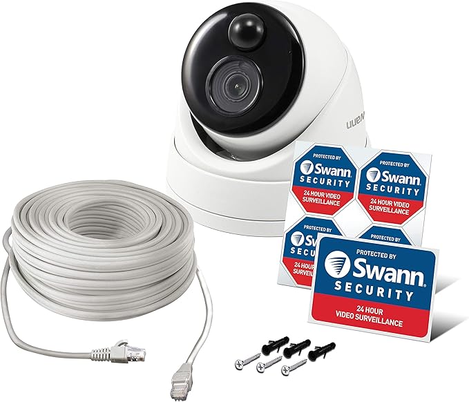 Swann Home Security Camera,PoE Cat5e NVR 4K HD Video, Indoor or Outdoor Wired Surveillance CCTV Dome,Color Night Vision,Heat Motion Detection,Metal Housing,Local Storage