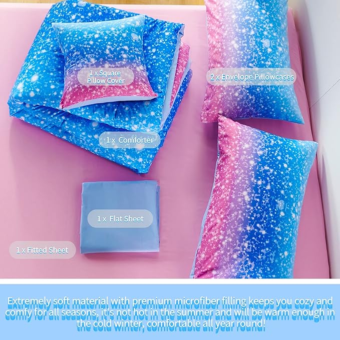 RYNGHIPY 6Pcs Sparkle Gradient Glitter Comforter Sets, Ombre Indigo Pink Gradient Bedding Set for Boys Girls, Rainbow Bed in A Bag Full Size