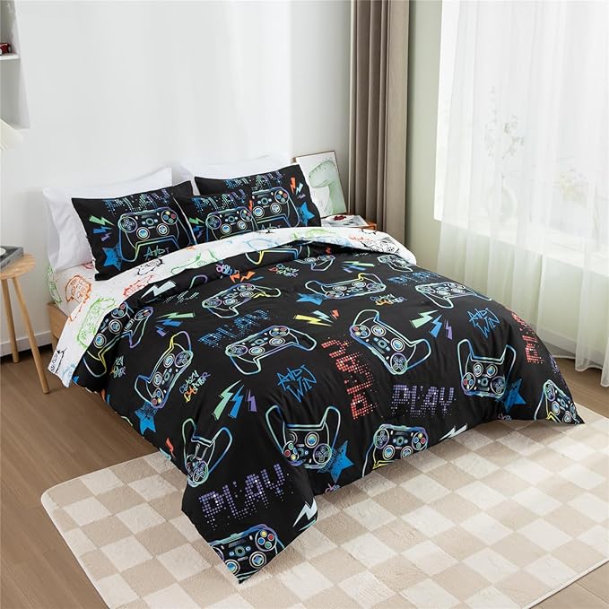 Meeting Story Gamer Gaming Bedding Sets Fluorescence Gamepad Comforter Set for Boys Games Console Action Buttons Novelty Colorful Modern Room Decor Home Quilt Set (Black, Twin6pcs)