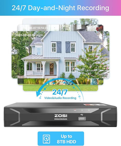 ZOSI 5MP 8CH PoE Security Camera System with Audio, 4pcs Outdoor PoE Cameras, Night Vision, Smart Human Detection, Remote Access, H.265+ 8 Channel 5MP 3K Home NVR with 1TB HDD for 24/7 Recording