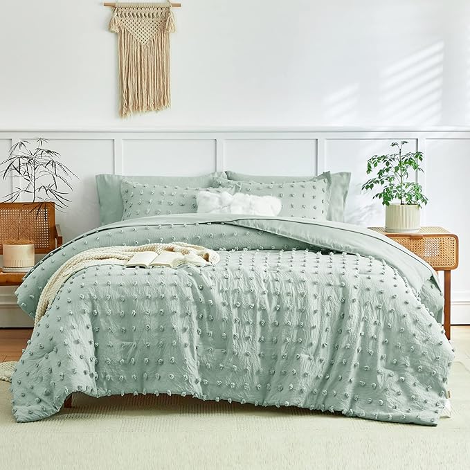 6 Pieces Tufted Dots Bed in a Bag Twin Comforter Set with Sheets Green , Soft and Embroidery Shabby Chic Boho Bohemian Comforters, Solid Color with Pom Pom Design, Jacquard Tufts Bedding Set for Kids