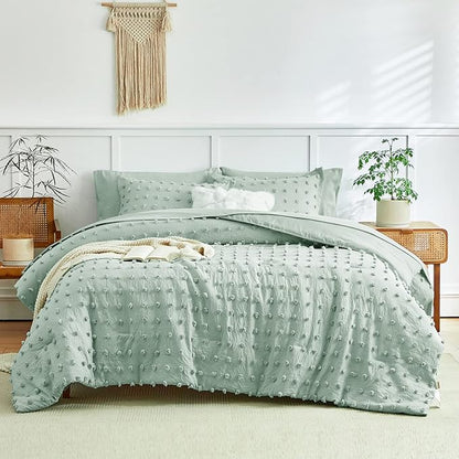 6 Pieces Tufted Dots Bed in a Bag Twin Comforter Set with Sheets Green , Soft and Embroidery Shabby Chic Boho Bohemian Comforters, Solid Color with Pom Pom Design, Jacquard Tufts Bedding Set for Kids