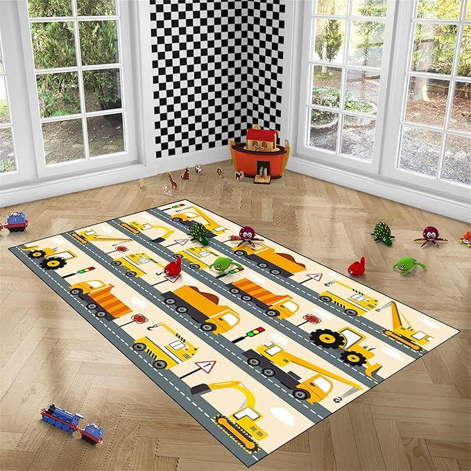 Construction Rug Car Rug Construction Rugs for Boys Room Cartoon Truck Area Rug Construction Play Mat Car Rug for Boys Room Construction Decor for Boys Room 5'×7'