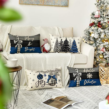 AVOIN colorlife Merry Christmas Joy Xmas Trees Blue and Black Throw Pillow Covers, 12 x 20 Inch Christmas Winter Holiday Cushion Case Decoration for Sofa Couch Set of 4