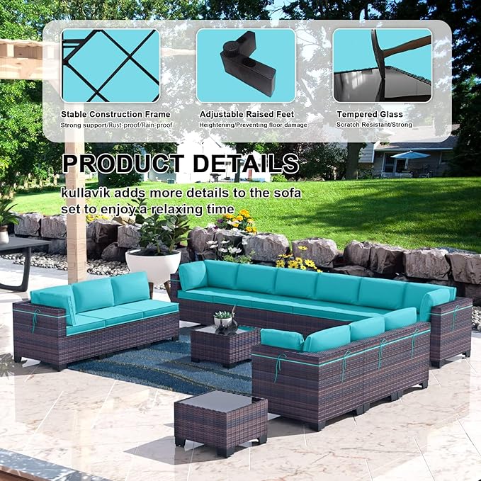Kullavik 14PCS Outdoor Patio Furniture Set PE Wicker Rattan Sectional Sofa Patio Conversation Sets,Blue