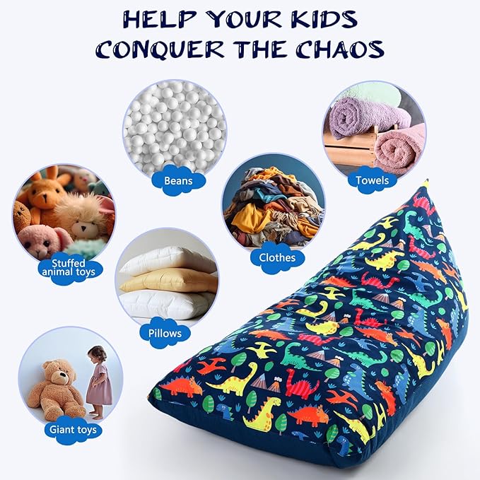 2 Pcs Stuffed Animal Storage Bean Bag Chair Stuffed Animal Bean Bag Storage Large Beanbag Covers Stuff Animal Organizer Bean Bag Couch for Kids Adults Plush Toys Pillows, Cover Only (Dinosaur)