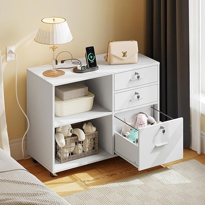 YITAHOME File Cabinet with Lock, 3 Drawer Filing Cabinet with Charging Station, Printer Stand with Storage, Office Pedestal Files for Hanging Files Letter/Legal/A4, White