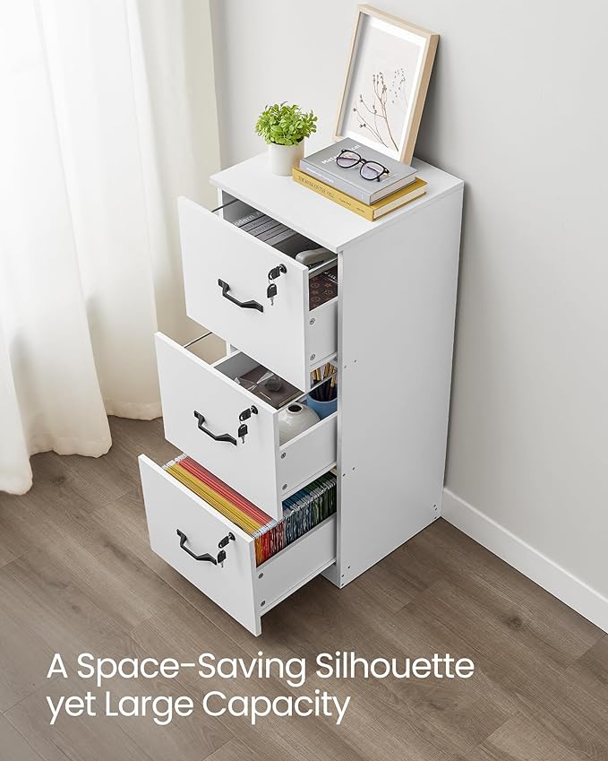 VASAGLE 3-Drawer Vertical File Cabinet, Filing Cabinet for Home Office, Printer Stand, with 3 Lockable Drawers, Adjustable Hanging Rail, for A4 and Letter-Size Files, Cloud White UOFC055W14