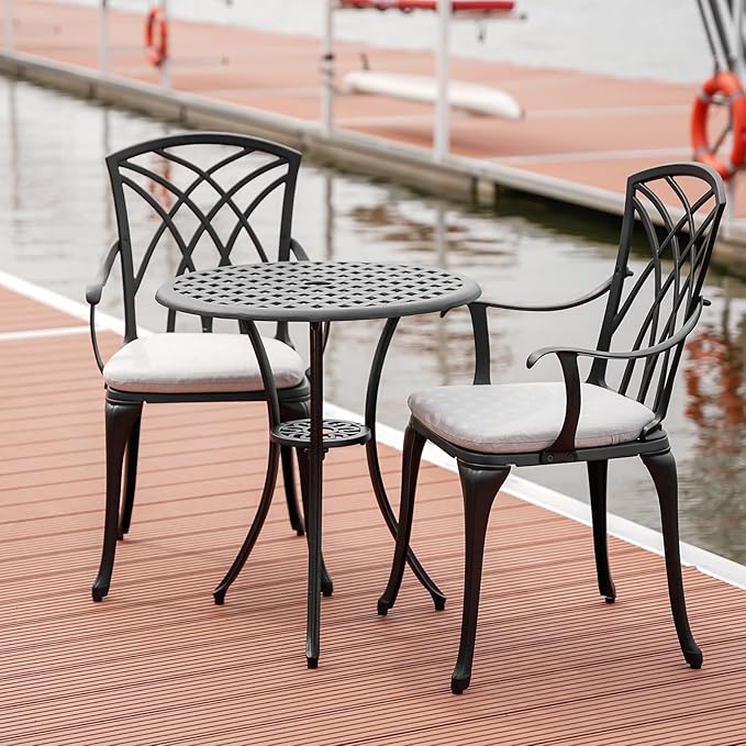 3 Piece Bistro Table Set Cast Aluminum Outdoor Bistro Table and Chairs Set of 2 with Cushion,Patio Bistro Sets with 1.97" Umbrella Hole,Metal Bistro Patio Set for Garden,Black